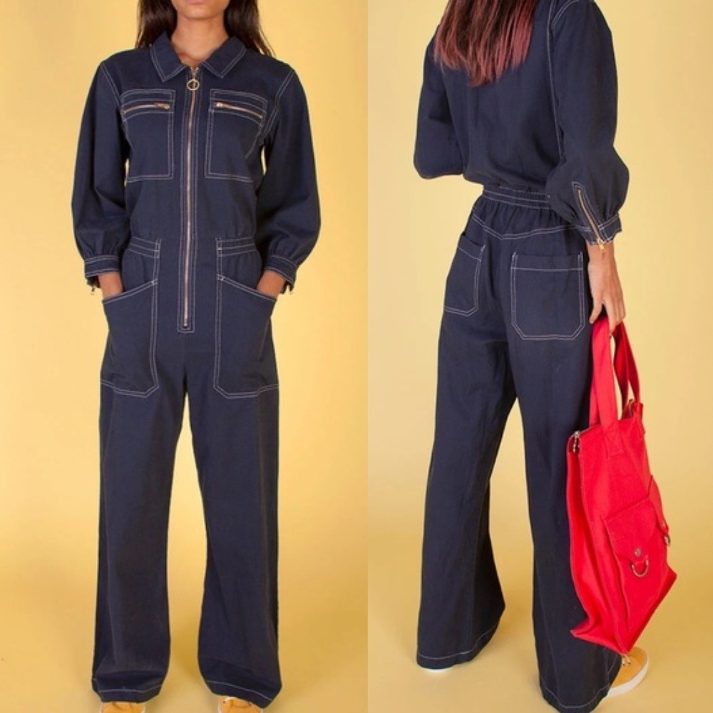 LF Markey Dante Boilersuit 2 Navy Blue Wide Leg Jumpsuit Contrast Stitch
